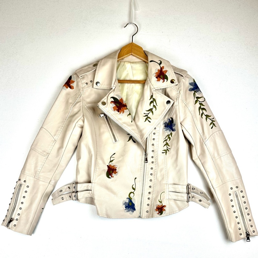 Floral Embroidered & Studded‎ Faux Leather Moto Jacket